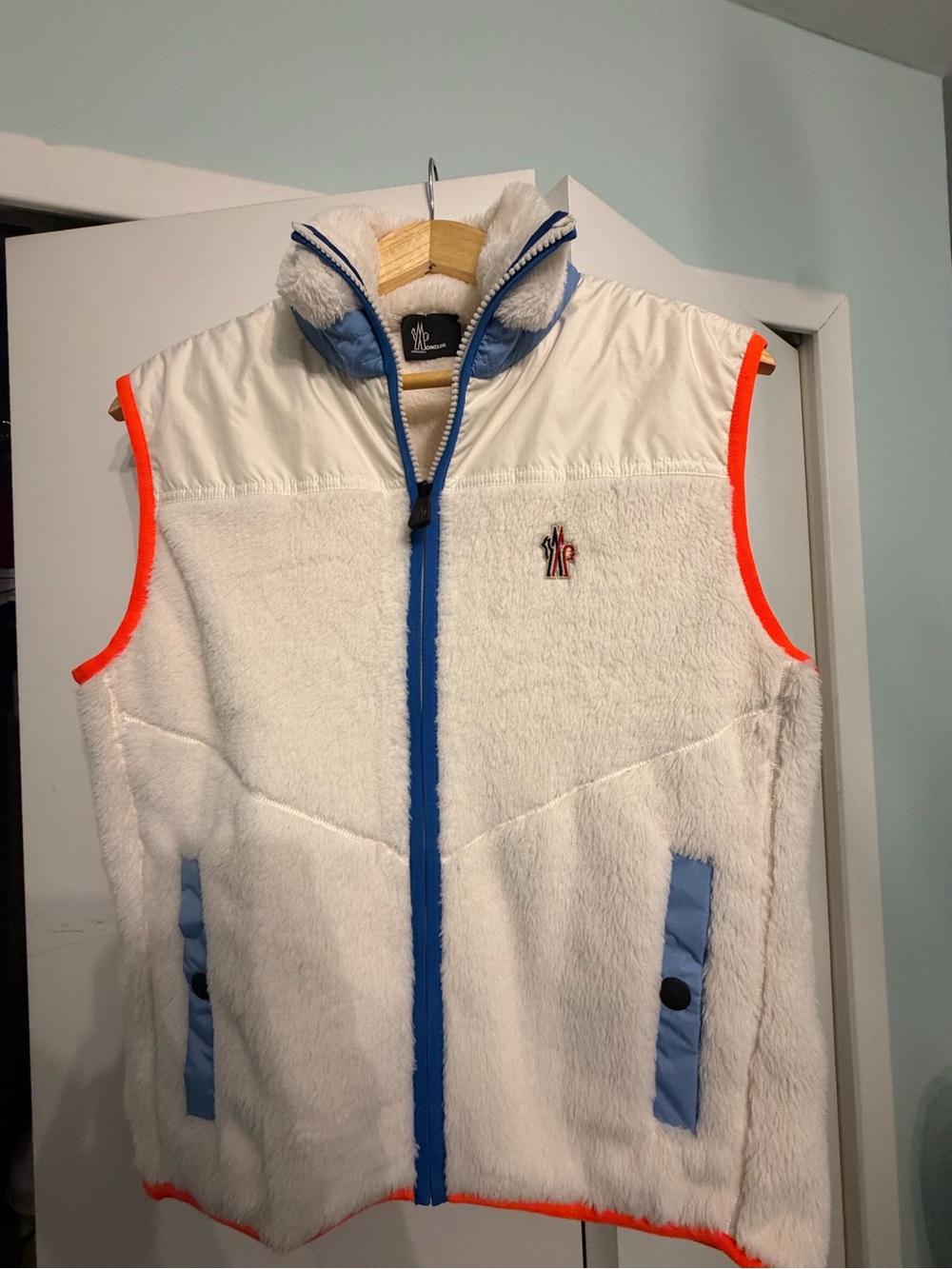Moncler Cream Sherpa Fleece Jacket with Black Logo Tag